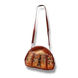 Vintage Tooled Leather Handbag Abstract Art Design Brown Shoulder Purse